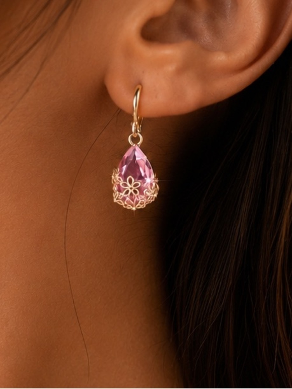 #142 Gold Plated Stainless Steel Waterdrop Earrings Pink